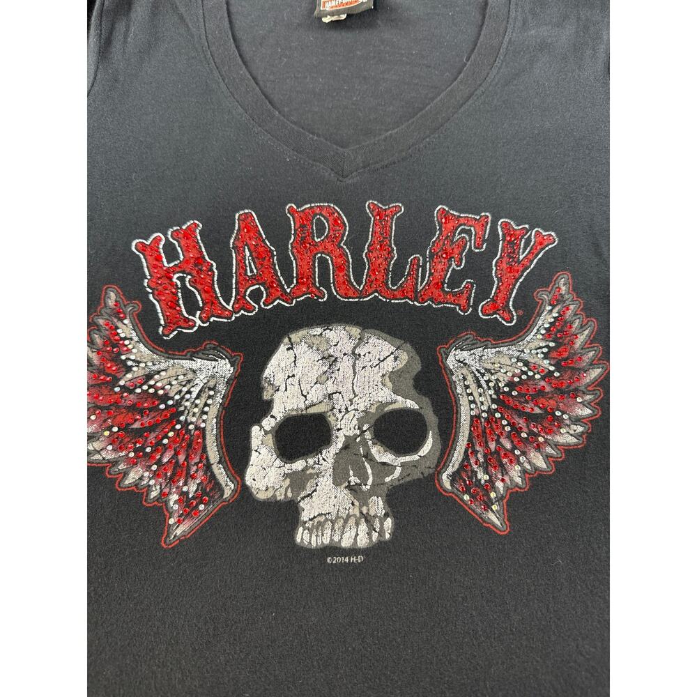Harley-Davidson Womens sequins skull wings black short sleeve v-neck tshirt M - Picture 2 of 7
